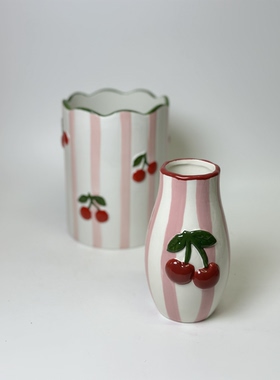 外贸出口 樱桃水果系列陶瓷装饰摆件 花瓶 储物罐 盘子 杯子 碗