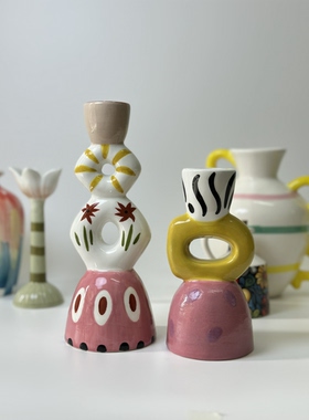 外贸孤品 多巴胺陶瓷花瓶 装饰摆件 烛台 店铺家居样板房装饰摆件