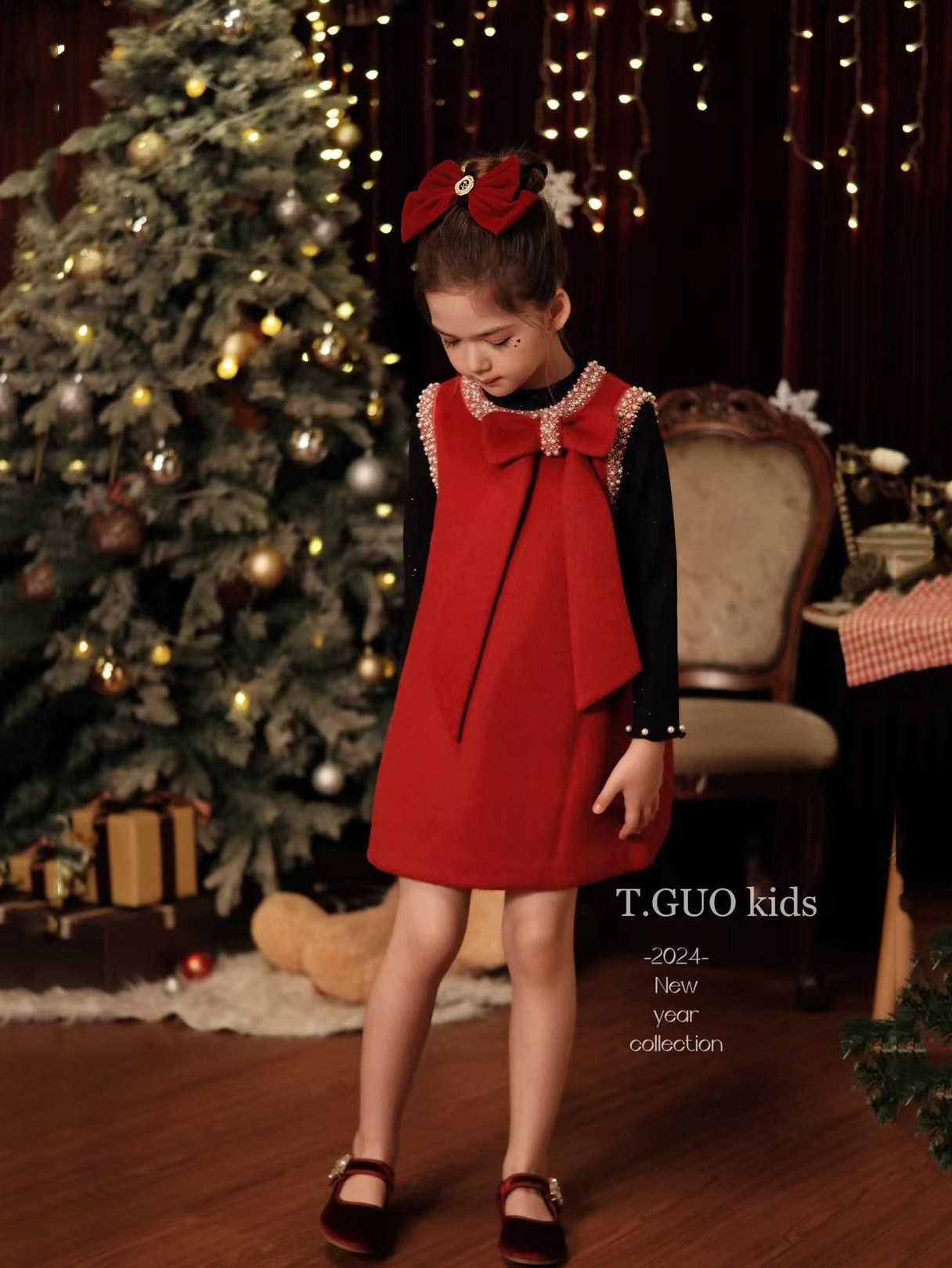 女童毛呢新年A字背心裙2025冬装新款韩版蝴蝶结公主红呢子连衣裙,淘宝优惠券,粉丝福利购,淘宝优惠卷