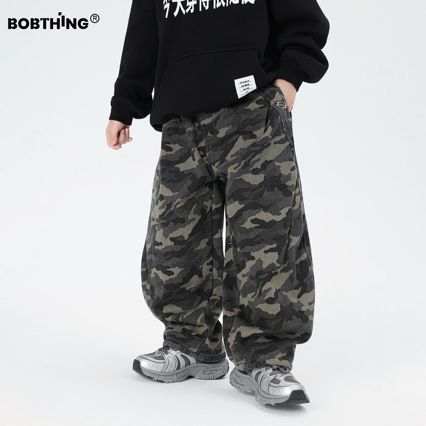 男童冬季侧打褶一体绒迷彩裤加厚工装裤儿童加绒休闲裤童装裤子潮