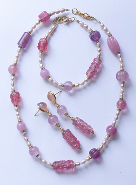 欧美粉琉璃新中式项链手链耳环