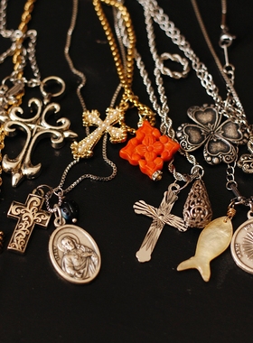 欧美法国意大利天然珍珠包金复古潮流秋冬十字架毛衣项链vintage