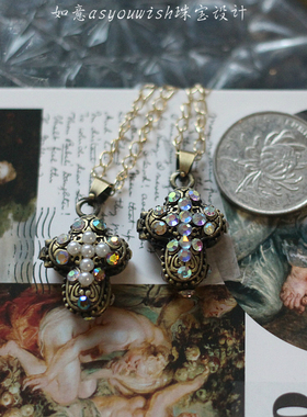 如意原创设计欧美闪钻仿珍珠十字架复古相片盒子vintage吊坠项链