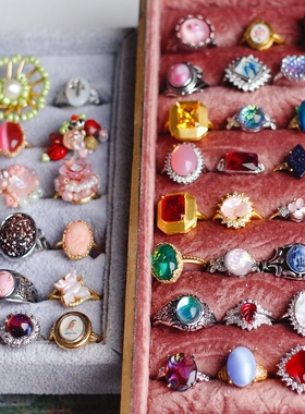 欧美复古中古董人像粉色老琉璃法国艺术树脂宝石活口可调节戒指