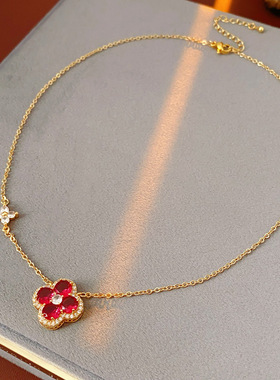 S925纯银幸运四叶草玛瑙石项链