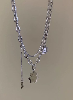 嘻哈甜酷风双层小熊项链情侣礼物