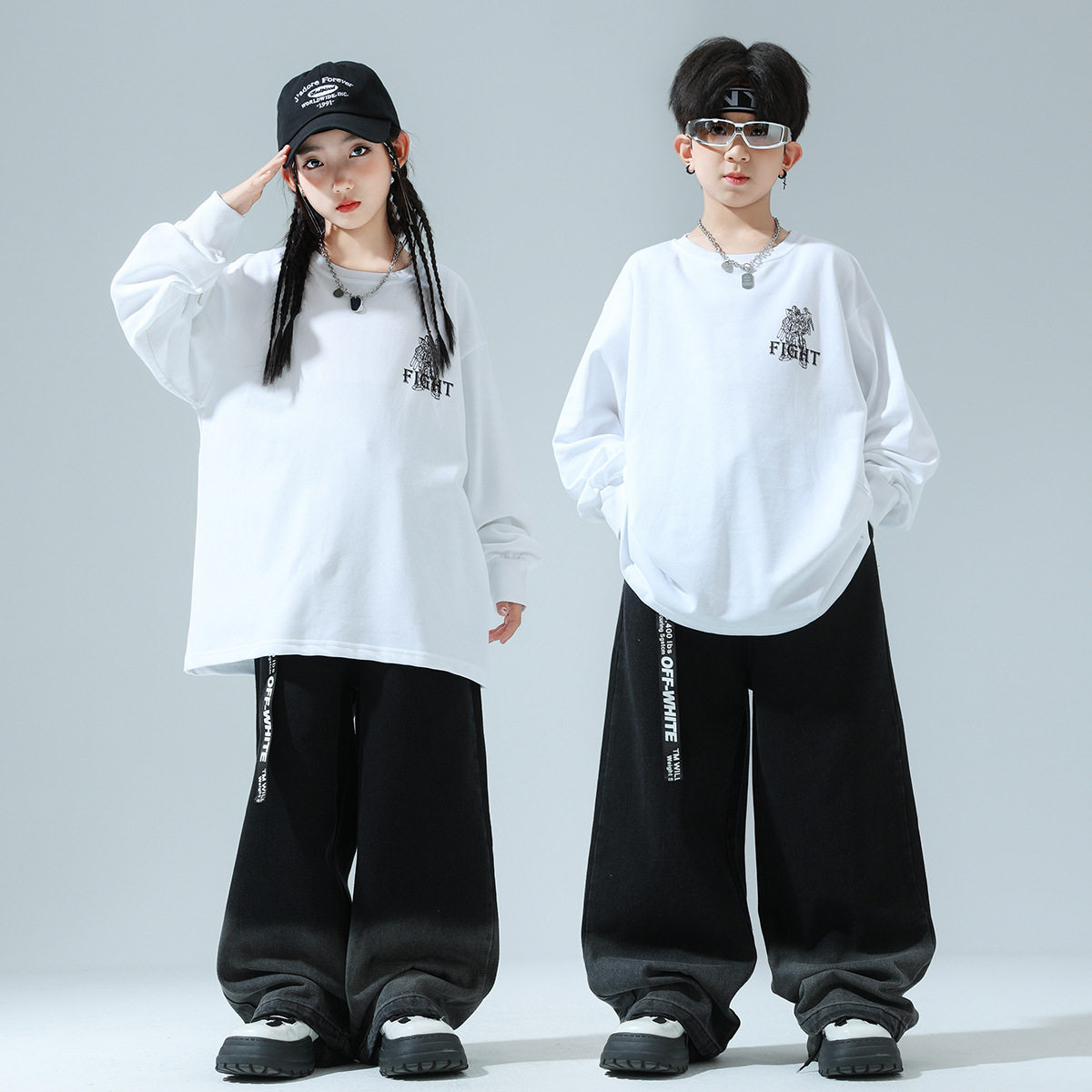 街舞儿童潮服t恤黑白宽松嘻哈服女爵士舞蹈服团体表演团体演出服,淘宝优惠券,粉丝福利购,淘宝优惠卷