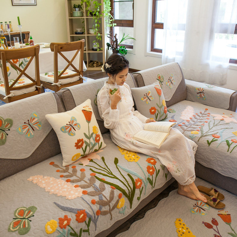 四季通用防滑飘窗垫沙发罩沙发套田园沙发巾美式乡村布艺沙发垫