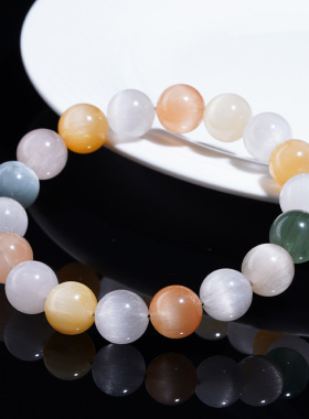 久雅水晶 天然高品拉丝猫眼彩兔毛圆珠手链  猫眼白兔毛手链批发