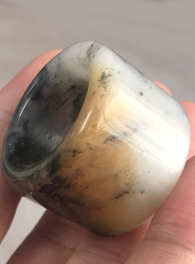 天然新疆和田玉扳指和田玉青花带糖色玉扳指男女玉指环带金属文玩