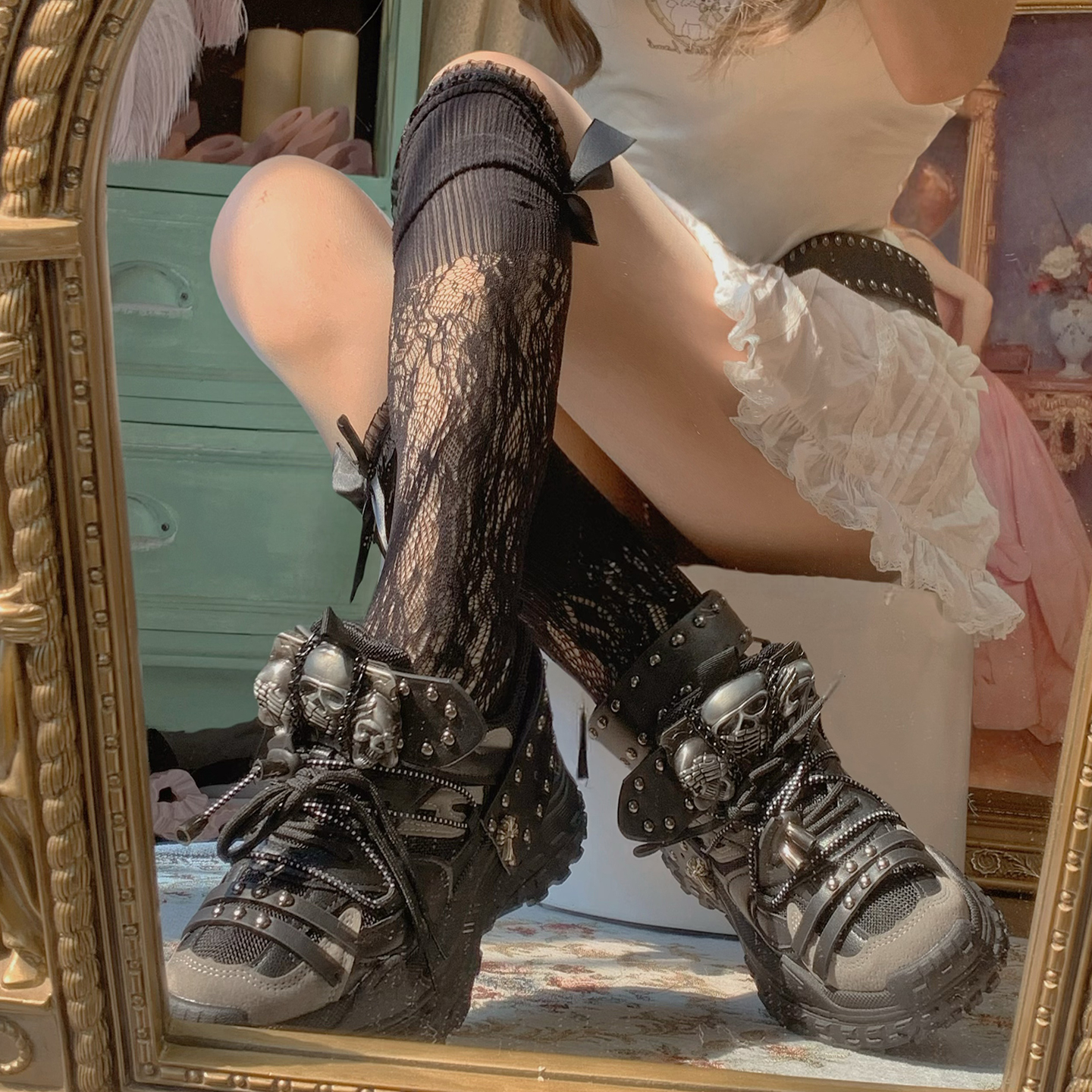 pinkyo原创骷髅头十字架金属朋克风老爹鞋亚文化暗黑系厚底运动鞋 - 图1