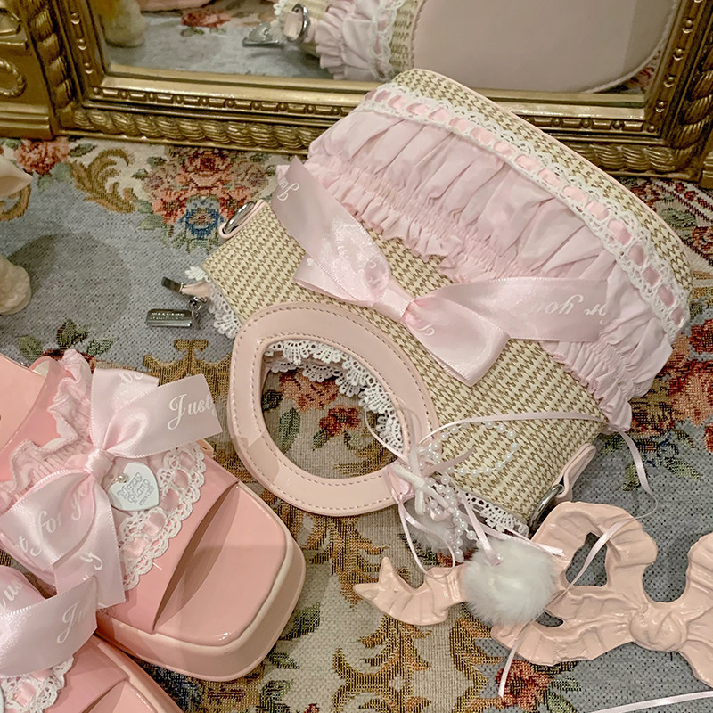 pinkyo原创可爱甜美田园风草编手提包包蝴蝶结缎带珍珠链粉色篮子,淘宝优惠券,粉丝福利购,淘宝优惠卷