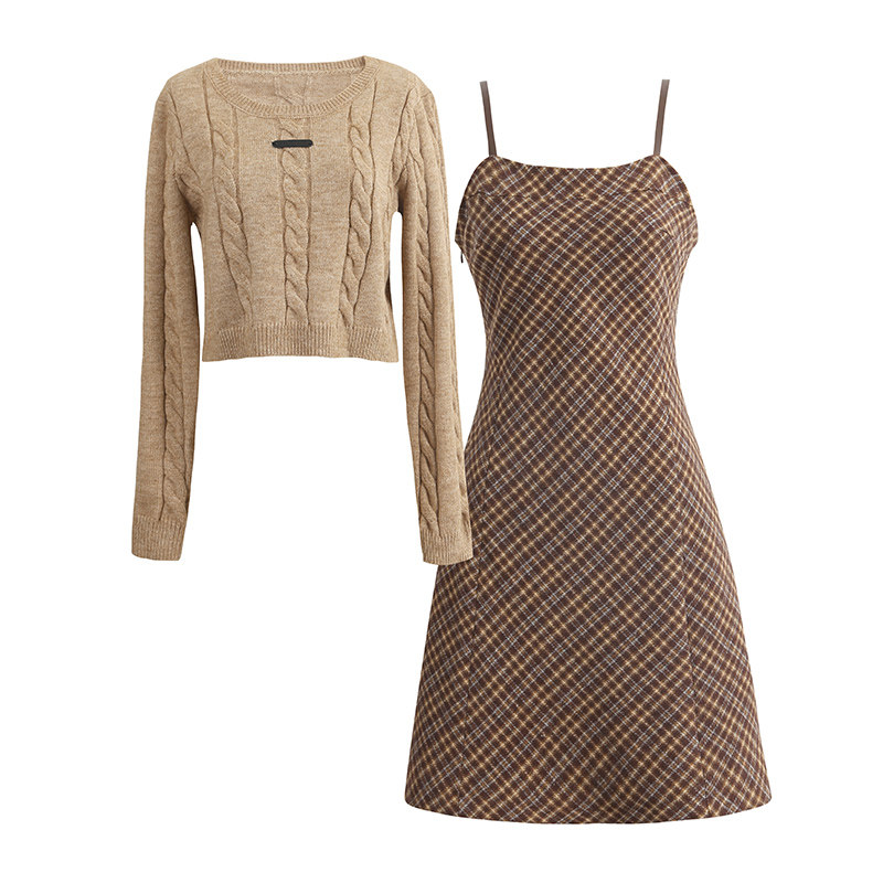专柜同款复古麻花纹套头长袖毛衣格子毛呢吊带连衣裙两件套套装裙,淘宝优惠券,粉丝福利购,淘宝优惠卷