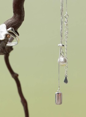 【秋日来信】S925纯银 银杏叶可调节戒指 银无事牌 珍珠 抽拉项链