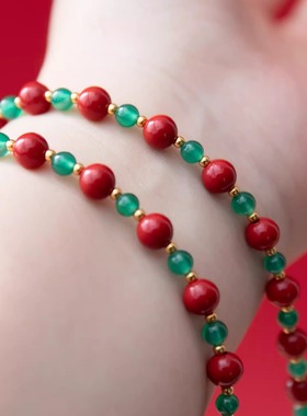丙午新春限定【丹砂映翠】朱砂绿玉髓银珠吉祥珠串颈链多层手链道