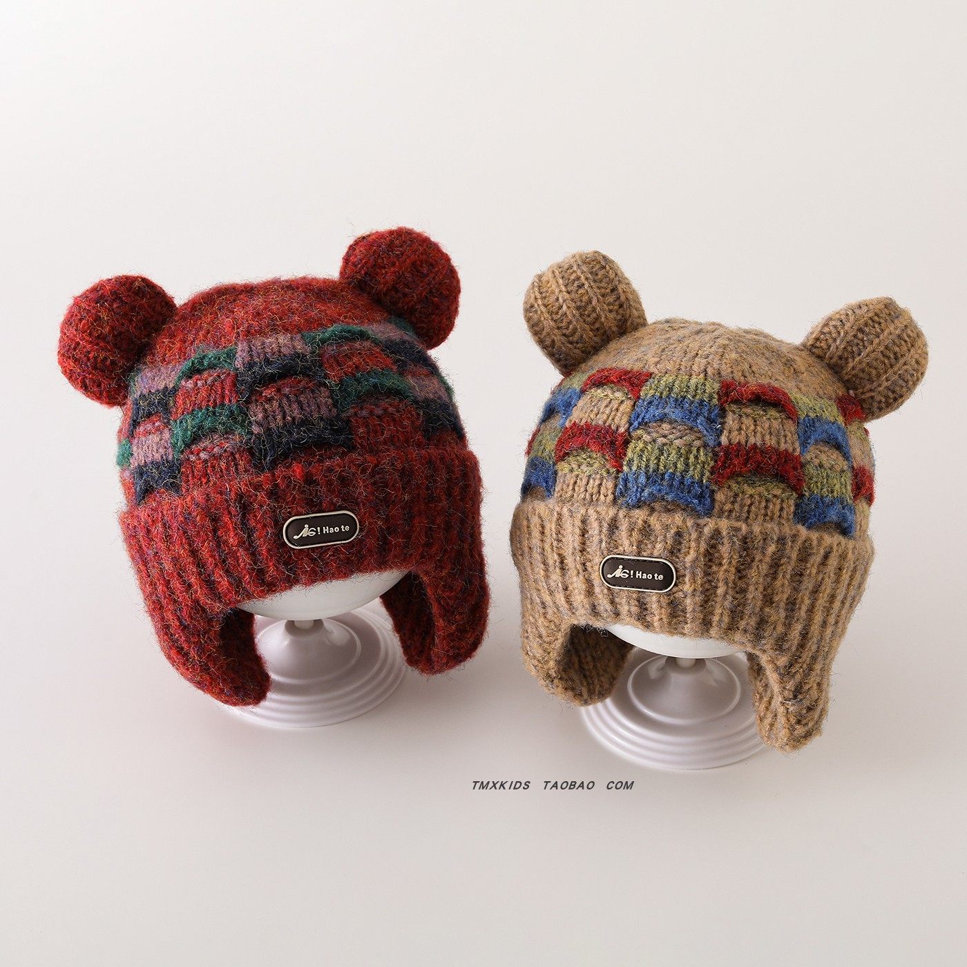 2025儿童帽子冬季毛线帽韩版彩色拼接格子男童女童加厚保暖护耳帽,淘宝优惠券,粉丝福利购,淘宝优惠卷