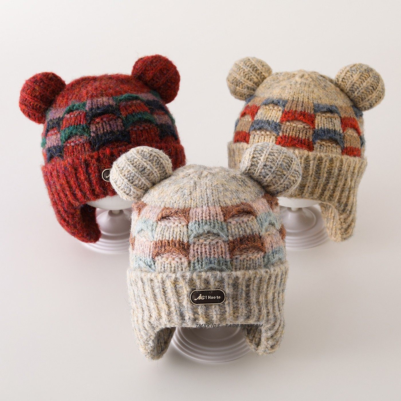 2025儿童帽子冬季毛线帽韩版彩色拼接格子男童女童加厚保暖护耳帽,淘宝优惠券,粉丝福利购,淘宝优惠卷