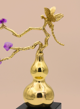 【本尼家】新中式黄铜葫芦蜻蜓紫水晶树福禄客厅玄关摆件