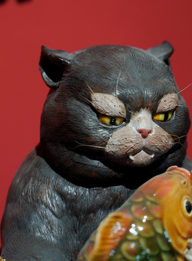 【本尼家】AM52非遗手工石湾陶富贵有余猫陶瓷桌面装饰创意摆件