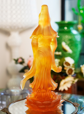 【本尼家】LL21非遗好物古法琉璃黄色莲花观音家居桌面玄关摆件