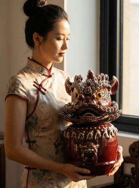本尼家中式红狮头高温瓷摆件