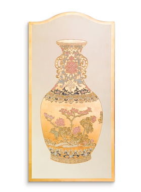 【本尼家】法式中国风复古花瓶造型贴金箔雕刻彩绘彩漆木板画