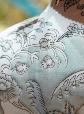 【本尼家】SS82中式高温陶瓷镶铜手绘鸟语花香花瓶冰裂纹装饰摆件