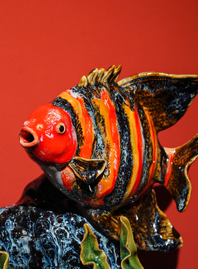 【本尼家】AM69非遗手工石湾陶瓷神仙鱼《连连有鱼》玄关摆件