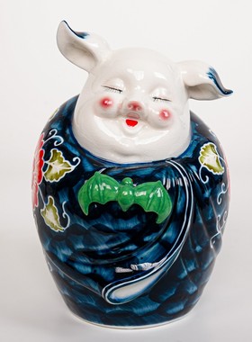 【本尼家】中式个性冰裂纹陶瓷彩绘猪客厅装饰书房桌玄关摆件