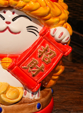 【本尼家】YJ24非遗手工彩釉交趾陶醒狮招财猫装饰玄关摆件