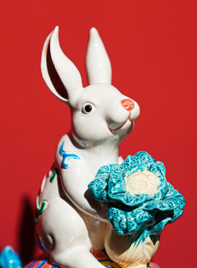 【本尼家】非遗手工彩釉交趾陶百财归来兔陶瓷桌面装饰玄关摆件