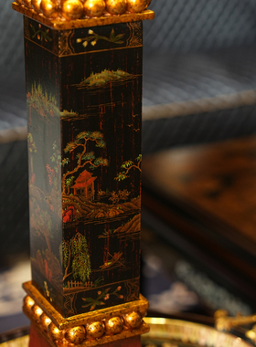 【本尼家】YS164法式中国风发丝黑底绘山水图案台灯装饰摆件