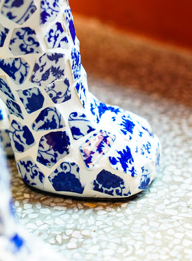 【本尼家】中号豹子马赛克青花瓷手工贴片装饰品客厅玄关摆件