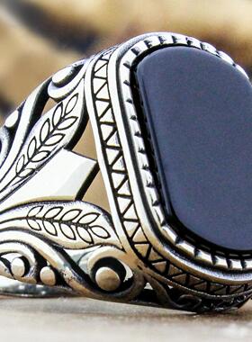 欧美流行复古花纹黑面锆石戒指指环男 African Men's Ring