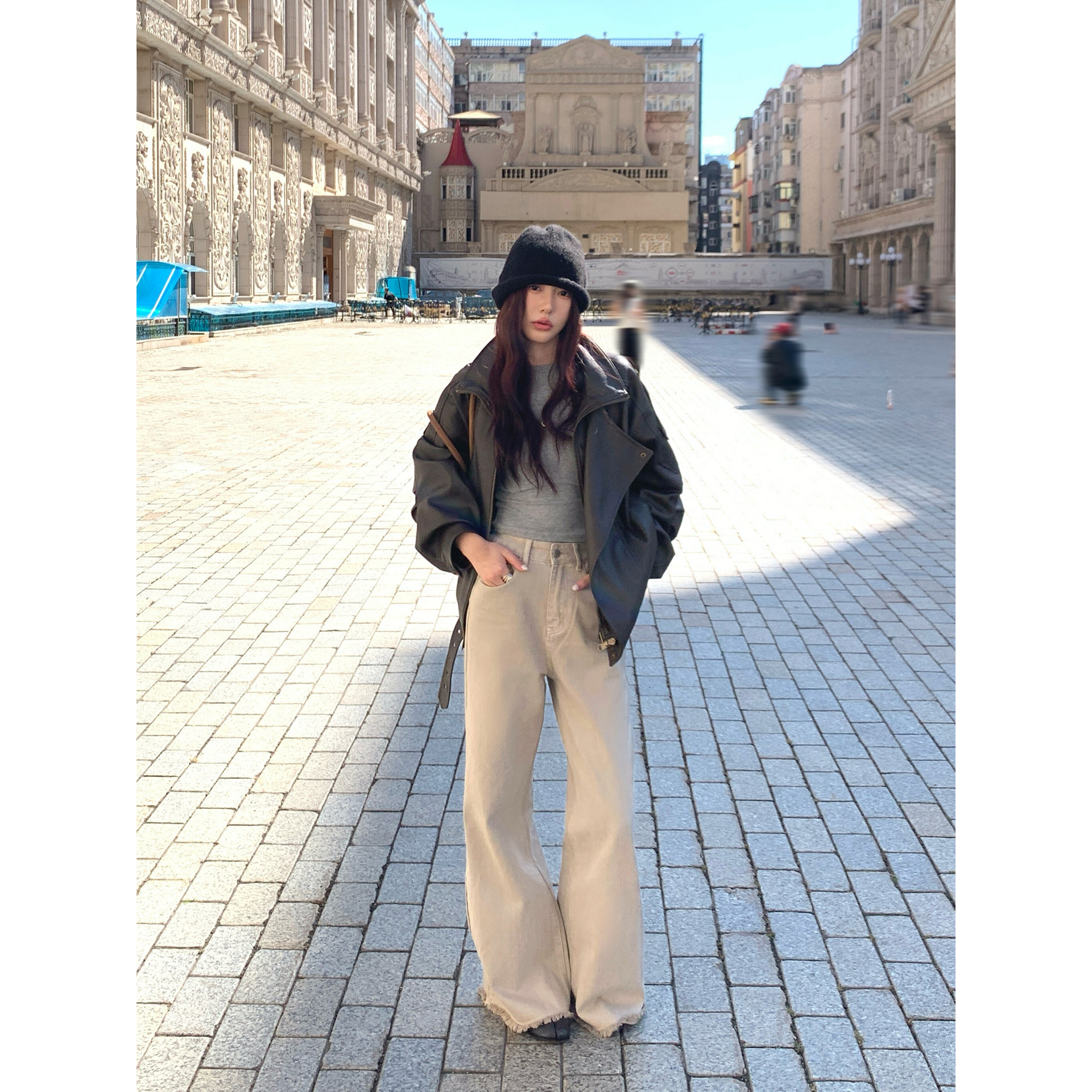 Halo Luu卡其色直筒牛仔裤女秋季做旧休闲毛边窄版显瘦拖地阔腿裤,淘宝优惠券,粉丝福利购,淘宝优惠卷