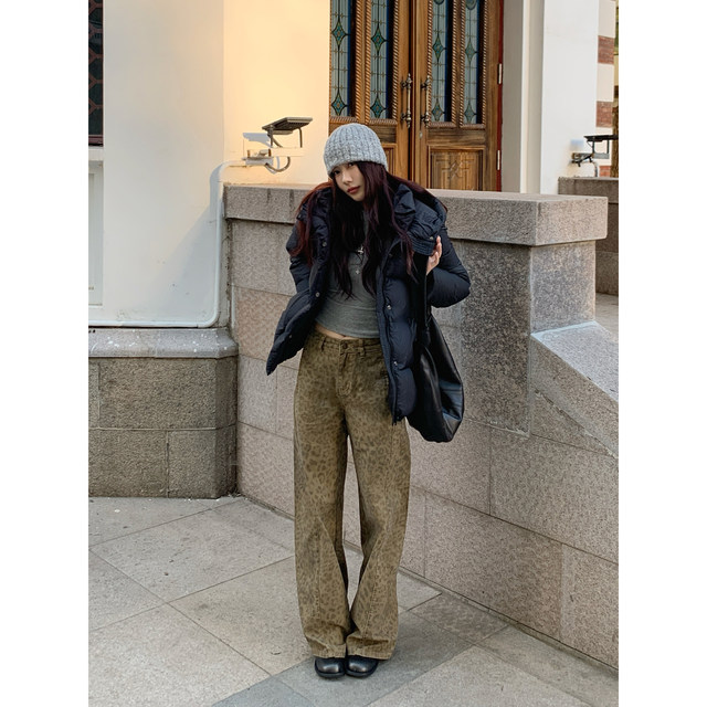HaloLuu American retro leopard ພິມ jeans ຂາກວ້າງ