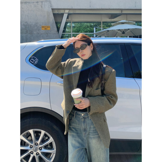 Halo Luu 韩系复古人字纹毛呢西装外套女秋冬新款加厚羊毛高级感