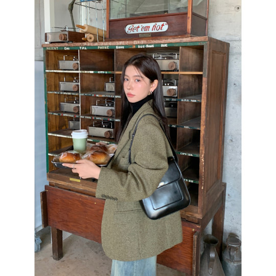 Halo Luu 韩系复古人字纹毛呢西装外套女秋冬新款加厚羊毛高级感