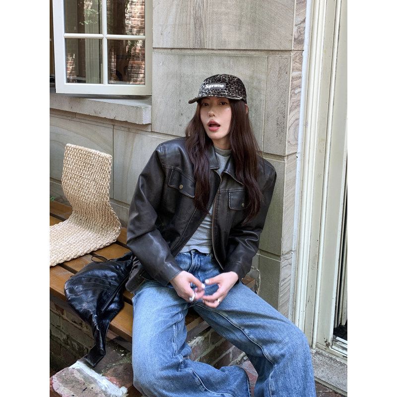 Halo Luu美式痞帅棕色皮衣外套女秋季韩系洗褪做旧复古短款皮夹克,淘宝优惠券,粉丝福利购,淘宝优惠卷