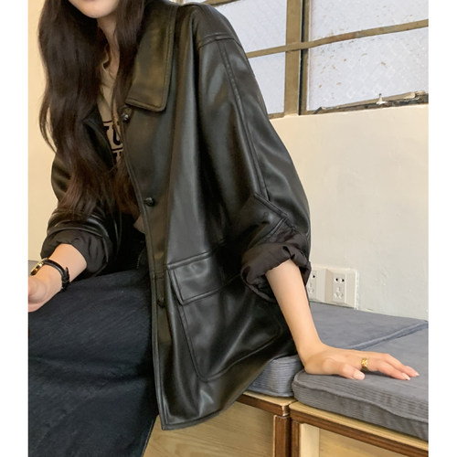 Halo Luu波士顿黑色皮衣外套女秋季2026新款宽松高级感复古皮夹克 - 图0
