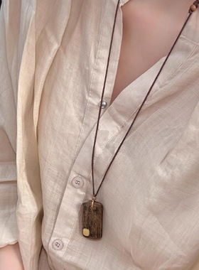 天然奇楠沉香无事牌五条经文925银项链毛衣链女款挂饰吊坠中国风