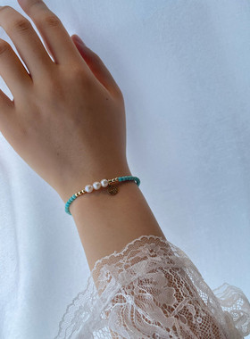 原矿绿松石单圈3mm手链DIY女款搭配珍珠手链14K包金吊坠清新饰品