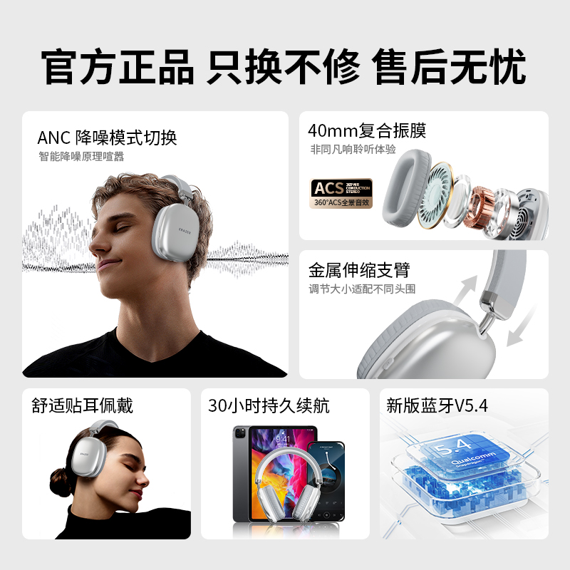 联想生态品牌异能者无线蓝牙耳机头戴式降噪耳麦主动降噪空间音频 - 图0