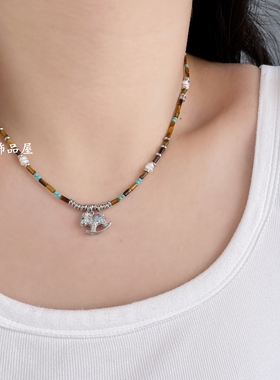 欧比雅比轻奢小众珍珠虎眼石镶锆石小马串珠颈链短锁骨项链饰品女