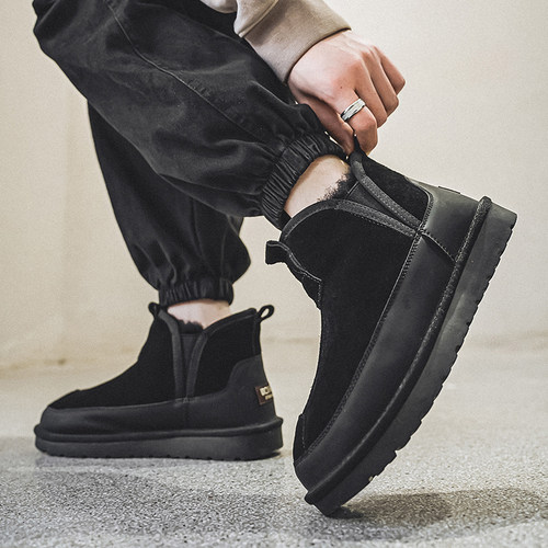 棉鞋男款冬季加绒加厚保暖男鞋真皮一脚蹬马丁靴切尔西东北雪地靴 - 图1