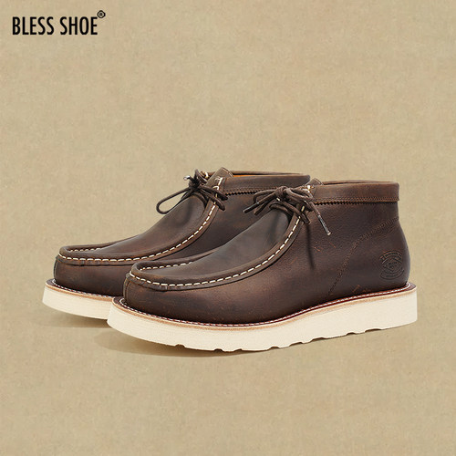 BLESS SHOE WALLABEE 固特异工艺真皮袋鼠鞋疯马牛皮工装靴男靴 - 图1