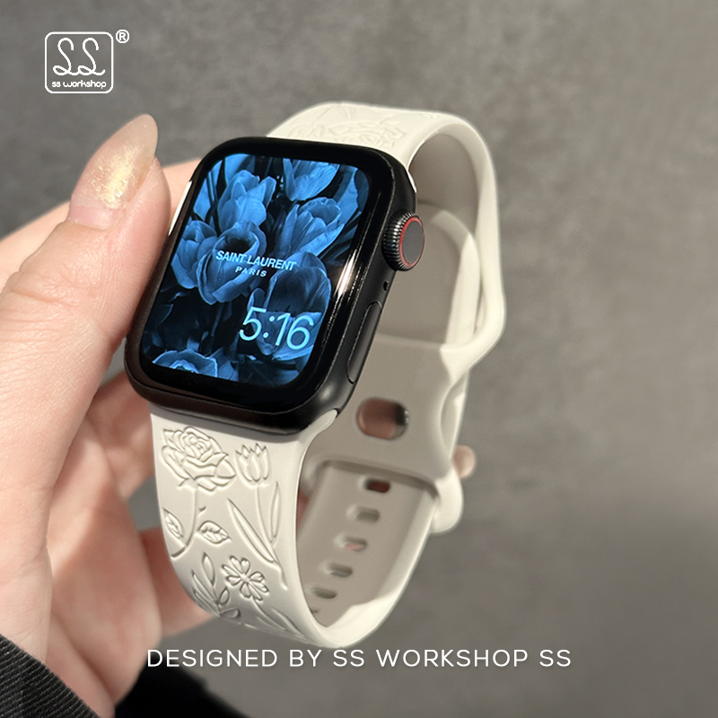 卡素新款玫瑰浮雕iwatch表带硅胶夏天7适用苹果applewatch高级感8