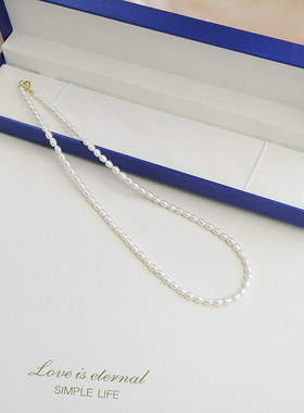 2-3mm极细迷你无核天然淡水小米粒珍珠项链锁骨链叠戴14K包金颈链