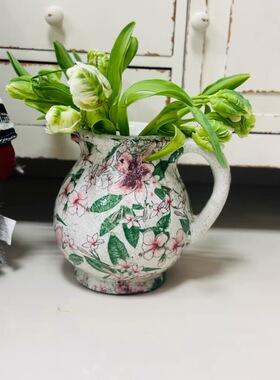 果果花铺红陶花盆单耳彩色水壶花瓶复古田园艺术 粗陶摆件陶罐