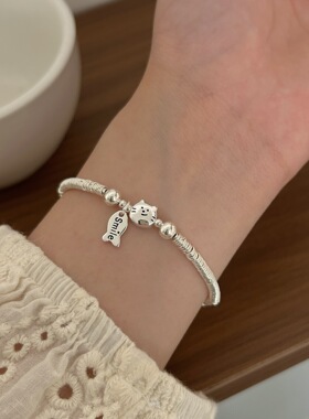 持恒S925纯银小猫吃鱼手链小众通勤简约百搭手串手饰女小红书同款